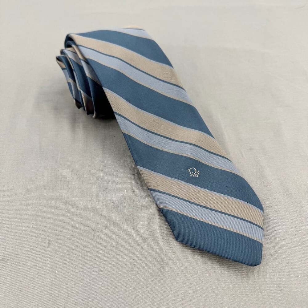 Vintage Christian Dior Striped Silk Blend Necktie Blue Tan